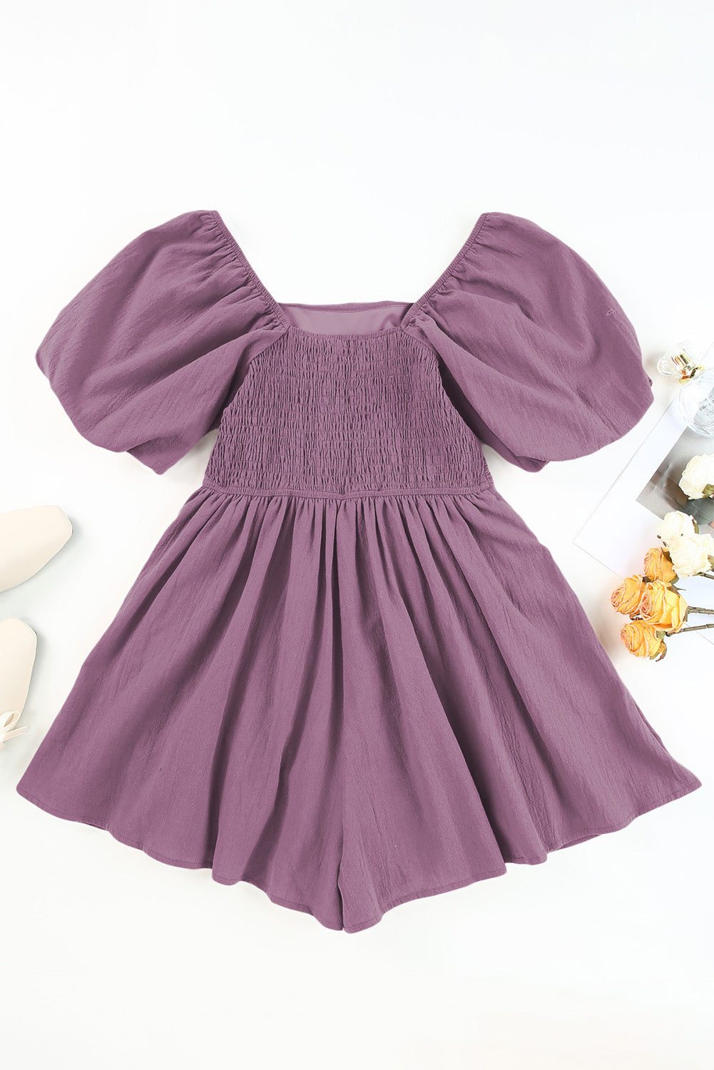Solid Square Neck Ruched Puff Sleeve Romper