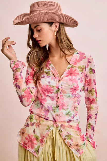 BiBi Floral Shrried Detail Button Up Mesh Cardigan Top