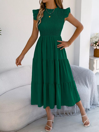 Women's Smocked Ruffle Midi Dress – Casual A-Line Cap Sleeve