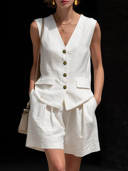 Women’s Cotton Linen Sleeveless Vest Top and Shorts Set