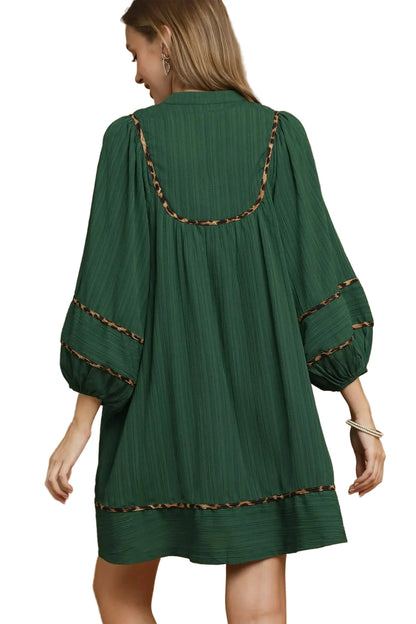 Garden Naked Womens Casual Shift Dress Boho Leopard Trim Pleated Babydoll Mini Green Balloon Sleeve Daily Wear