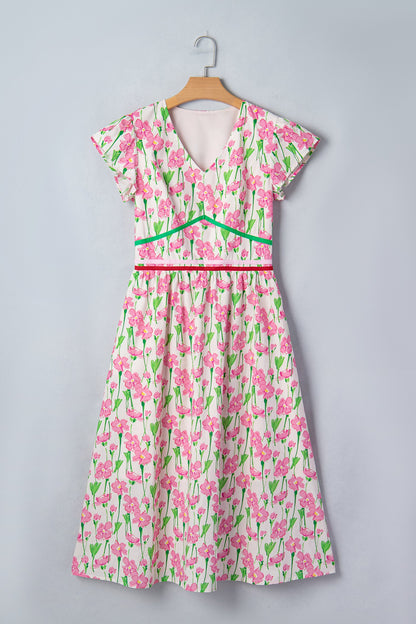 Floral V-Neck Short Sleeve Midi Dress