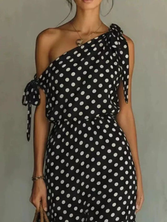 Full Size Polka Dot One-Shoulder Maxi Dress with Tie Details Plus Size