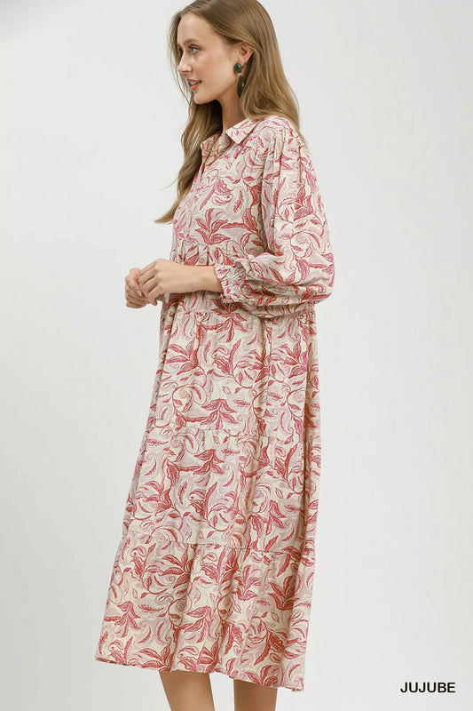 Umgee Linen Botanical Print Tiered Midi Dress