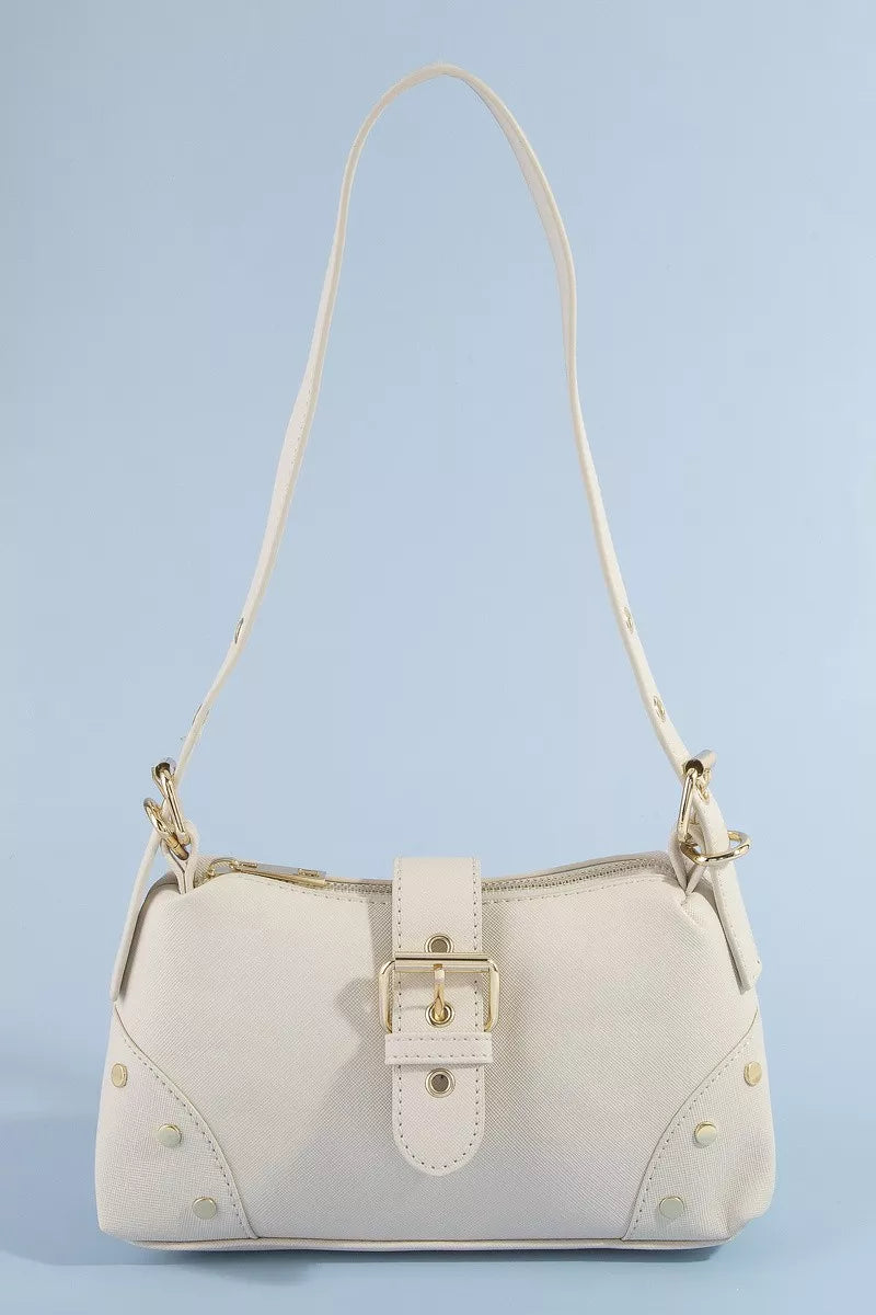 Fame Studded Saffiano Buckle Strap Shoulder Bag