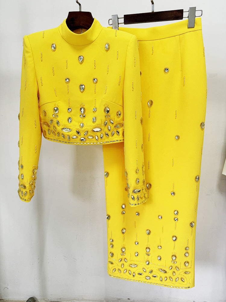 Fashion New Heavy Industry Beads Diamond Inlaid Short Top Long Skirt Suit See size chart under “more details”