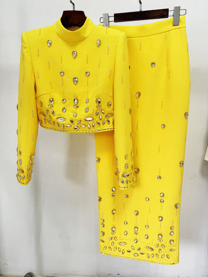 Fashion New Heavy Industry Beads Diamond Inlaid Short Top Long Skirt Suit See size chart under “more details”