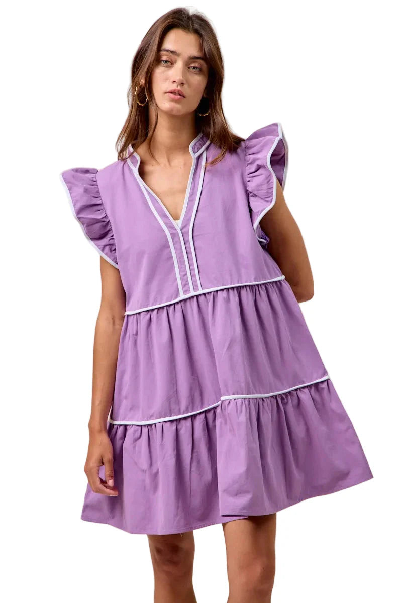 Womens Casual Babydoll Dress Flutter Sleeve Tiered Mini Purple V Neck White Trim Summer Ruffle Detail