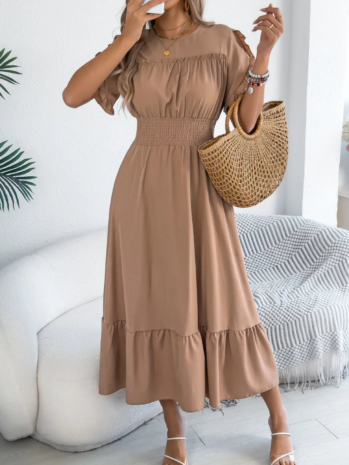 Smocked Frill Round Neck Midi Dress