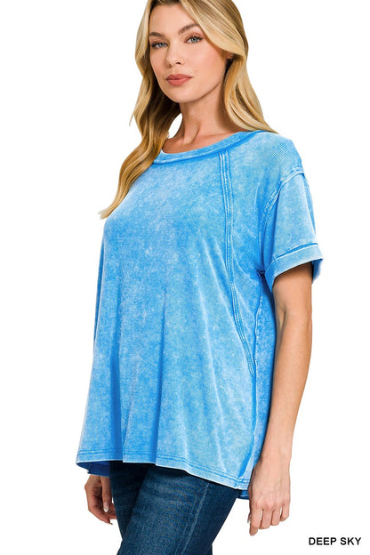 Zenana Washed Ribbed Cuffed Short Sleeve Round Neck Top