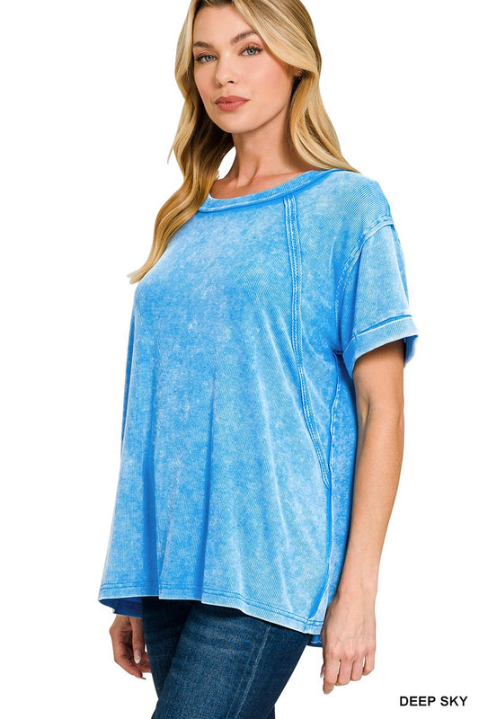 Zenana Washed Ribbed Cuffed Short Sleeve Round Neck Top