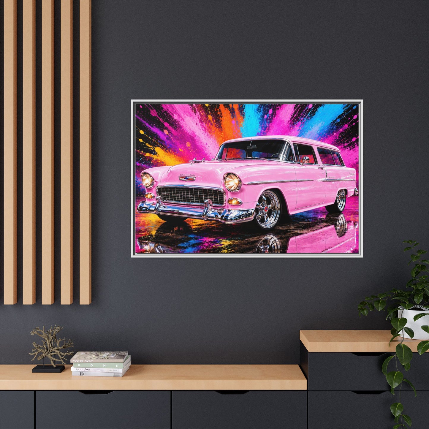 Pink Classic Station Wagon Canvas Print — Retro Car Wall Art, Framed Matte Multi‑Color Splash