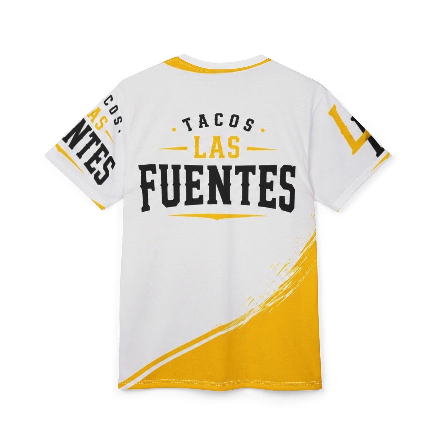 T-Shirt — Las Fuentes Tacos Logo Tee (White & Yellow Brushstroke)