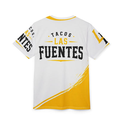 T-Shirt — Las Fuentes Tacos Logo Tee (White & Yellow Brushstroke)