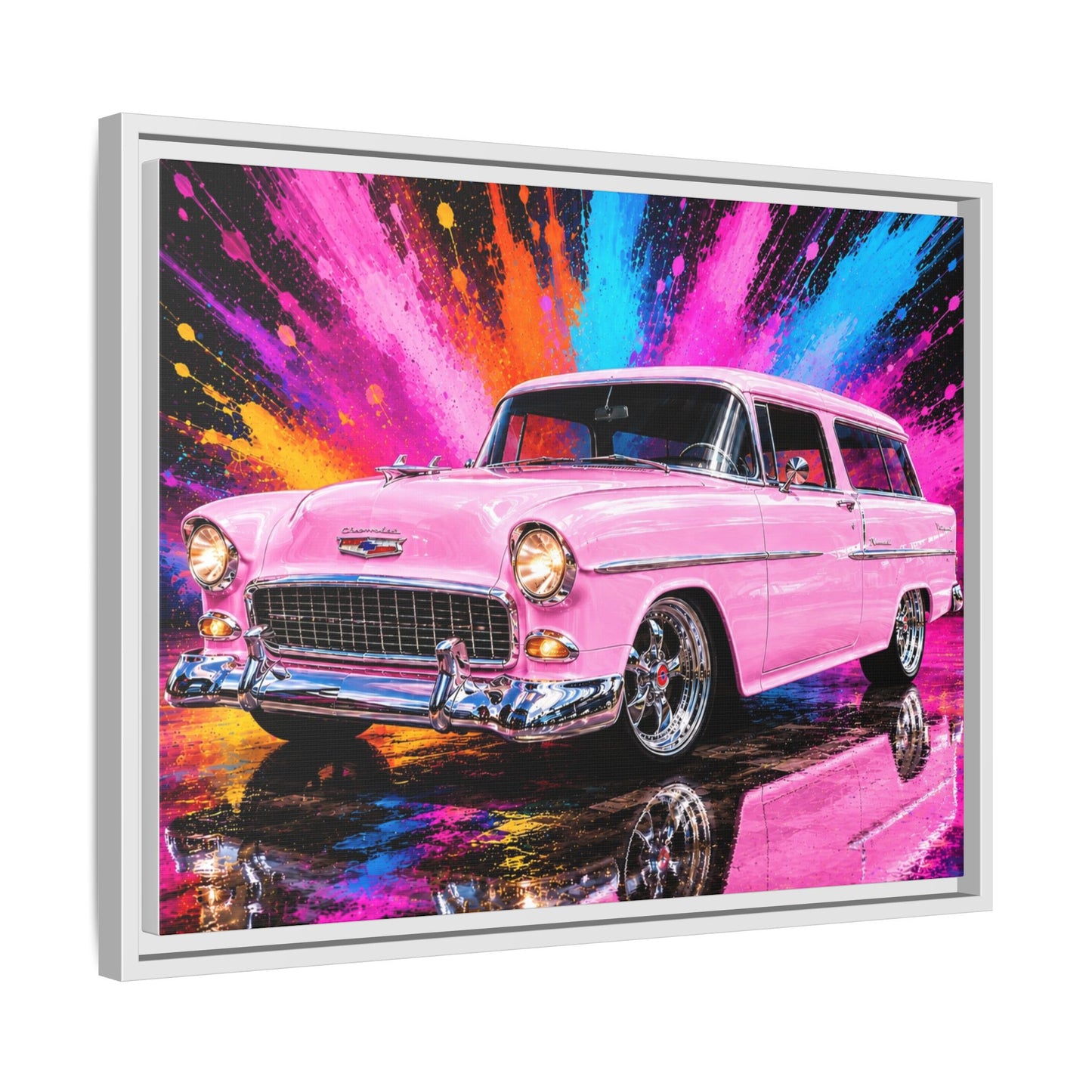 Pink Classic Station Wagon Canvas Print — Retro Car Wall Art, Framed Matte Multi‑Color Splash