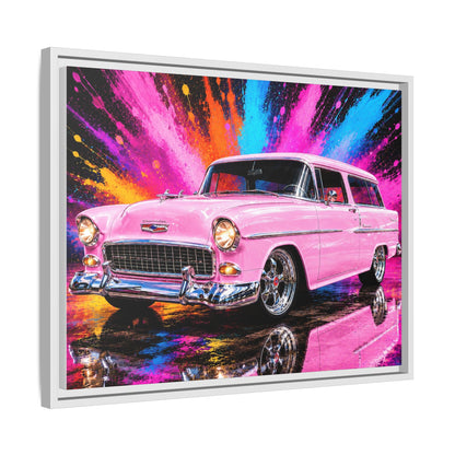 Pink Classic Station Wagon Canvas Print — Retro Car Wall Art, Framed Matte Multi‑Color Splash