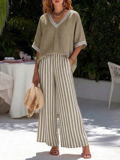 Women's Striped Tunic Top & Casual Trousers Two-Piece Set