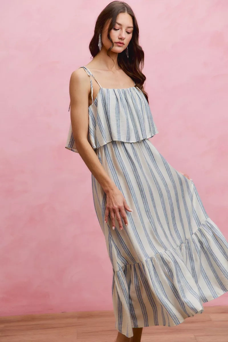 Stripe Tiered Shoulder Tie Midi Lined Dress