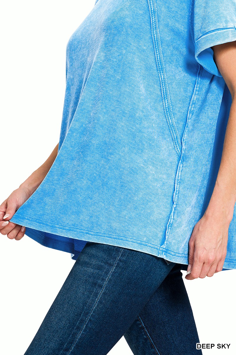 Zenana Washed Ribbed Cuffed Short Sleeve Round Neck Top