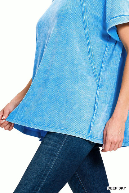 Zenana Washed Ribbed Cuffed Short Sleeve Round Neck Top