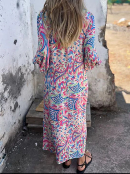 Printed V-Neck Dress with Pockets