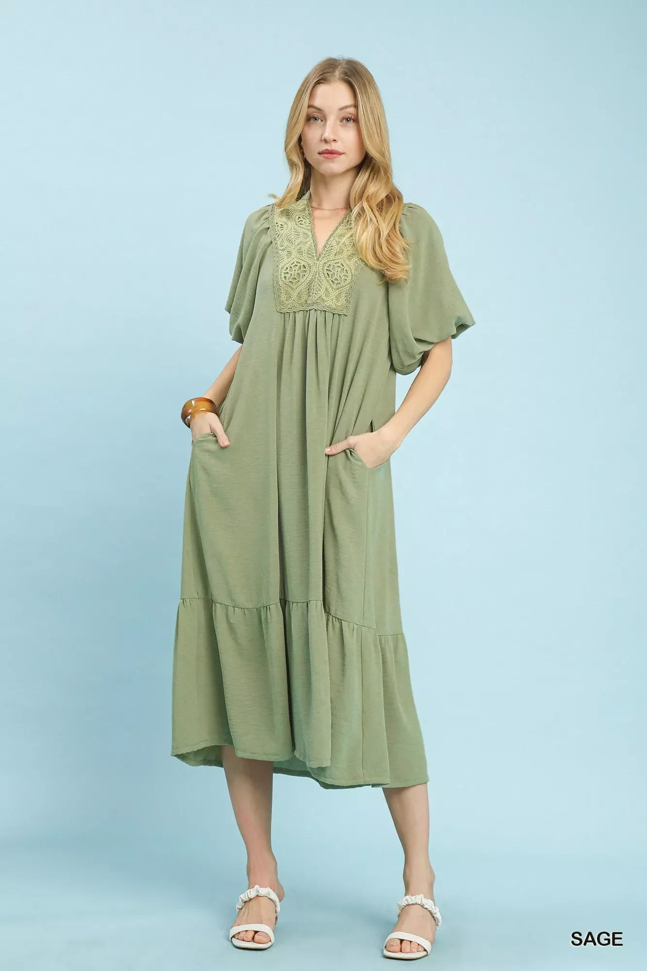 Umgee Puff Sleeve Midi Dress with Lace Detail
