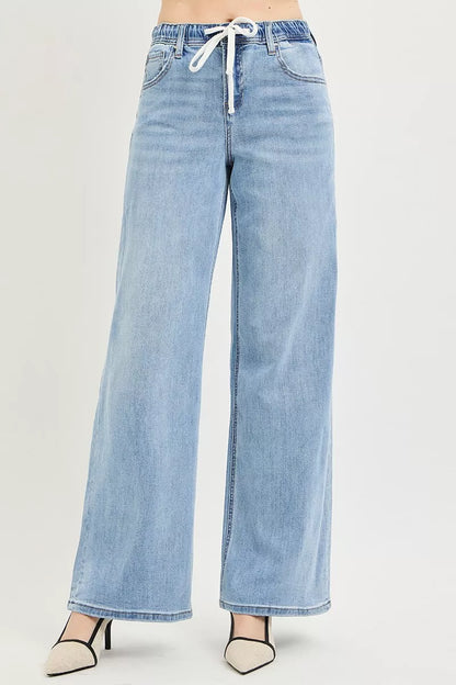 RISEN Elastic Band Slouchy Wide Jeans with Drawstring