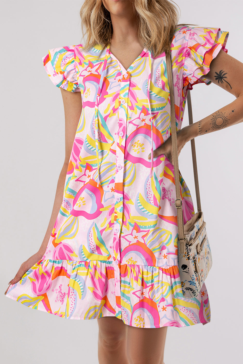 Luxury Abstract Floral Ruffle Trim Flutter Sleeve Buttoned Dress