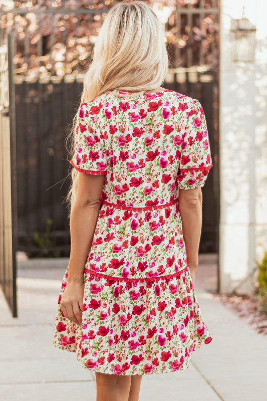 Ruby Floral Puff Sleeve Tiered Ric Rac Pocketed Mi