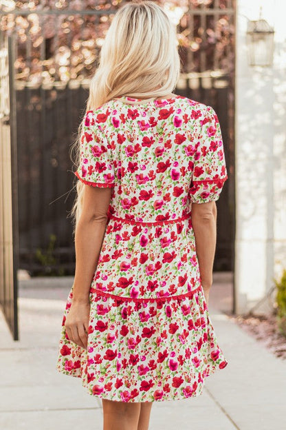Ruby Floral Puff Sleeve Tiered Ric Rac Pocketed Mi