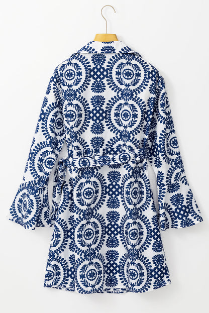Blue Floral Print V-Neck Knot Long Sleeve Midi Dress