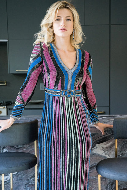 Lara 33541 - Multi Colored Sequin Long Sleeve Dress OUTLET