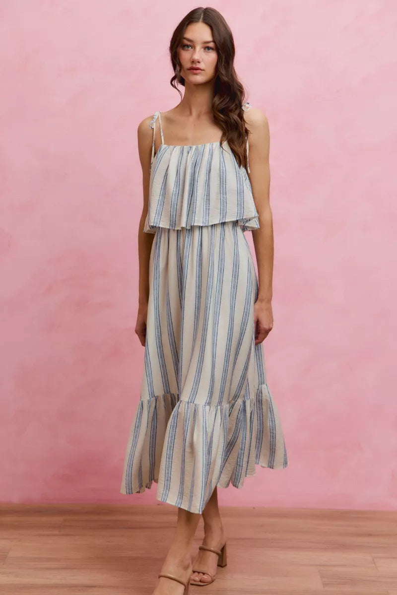 Stripe Tiered Shoulder Tie Midi Lined Dress