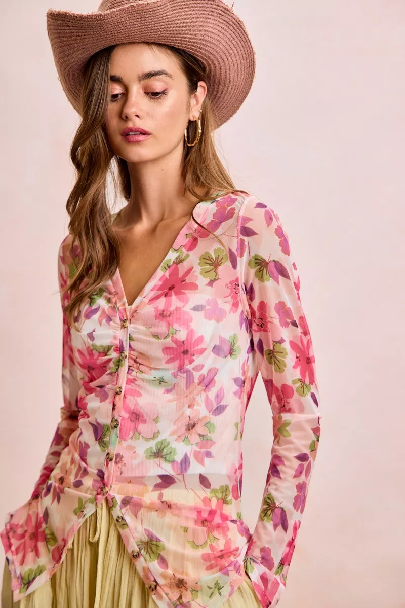 BiBi Floral Shrried Detail Button Up Mesh Cardigan Top