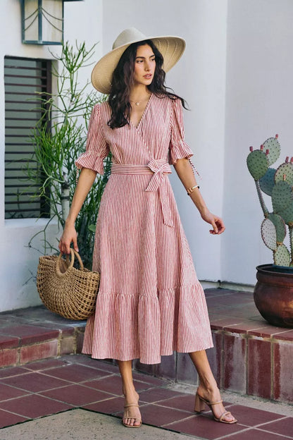 SO ME Stripe Textured Short Sleeves Lined Wrap Midi Dres