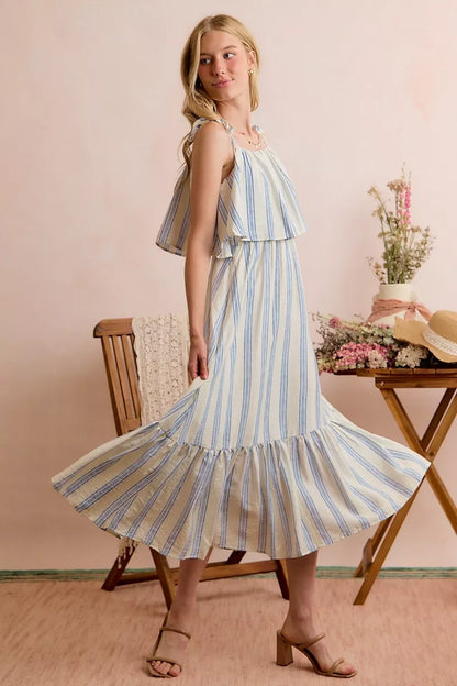 SO ME Stripe Tiered Shoulder Tie Midi Lined Dress