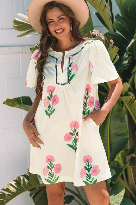 Floral Short Sleeve Split Neck Mini Dress