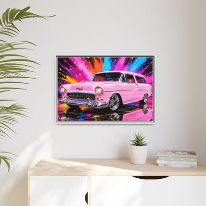 Pink Classic Station Wagon Canvas Print — Retro Car Wall Art, Framed Matte Multi‑Color Splash