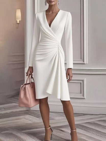 Front Ruched V-Neck Long Sleeve Dress