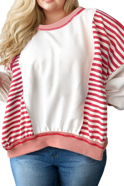 Red Stripe Color Block Patchwork Seam Detail Plus Size Sweatshirt