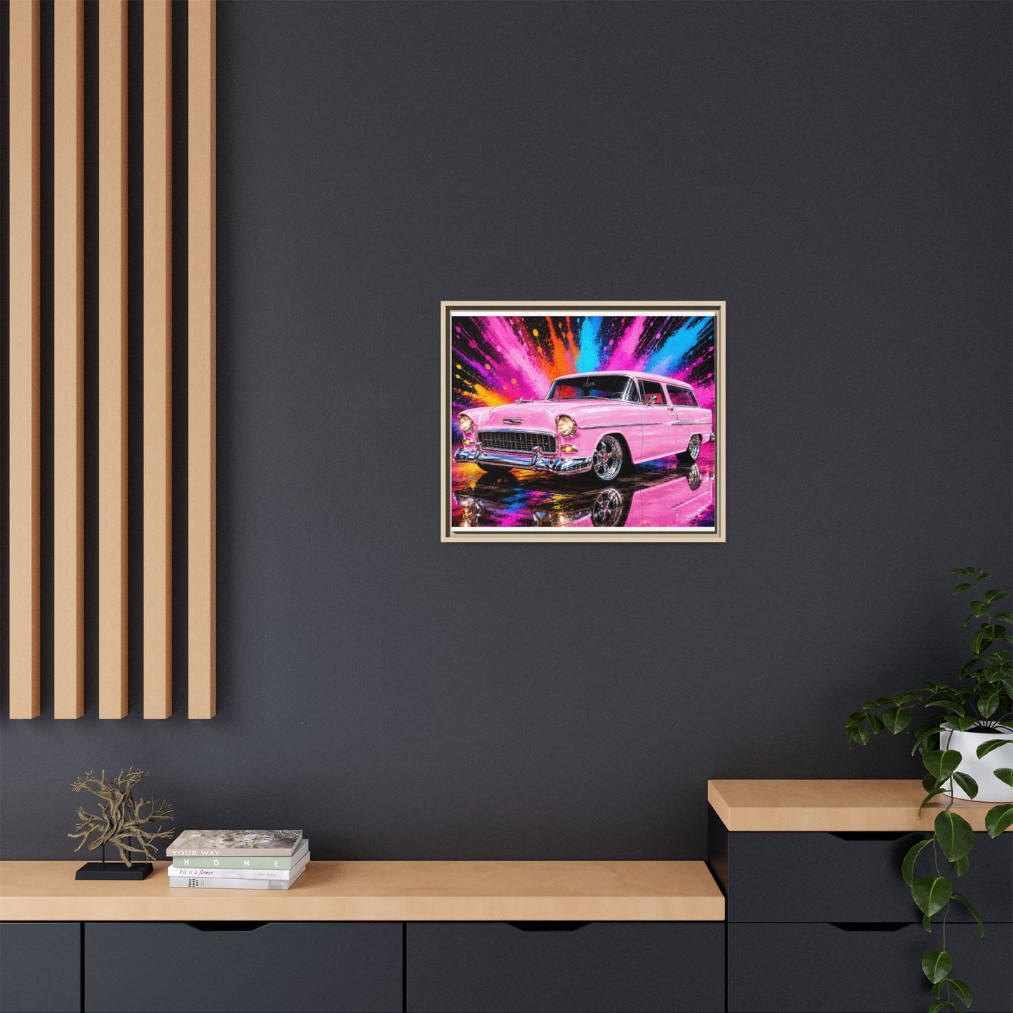 Pink Classic Station Wagon Canvas Print — Retro Car Wall Art, Framed Matte Multi‑Color Splash