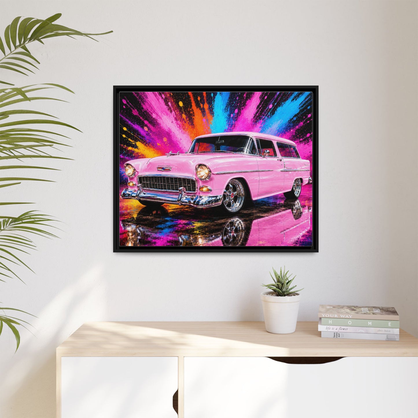 Pink Classic Station Wagon Canvas Print — Retro Car Wall Art, Framed Matte Multi‑Color Splash
