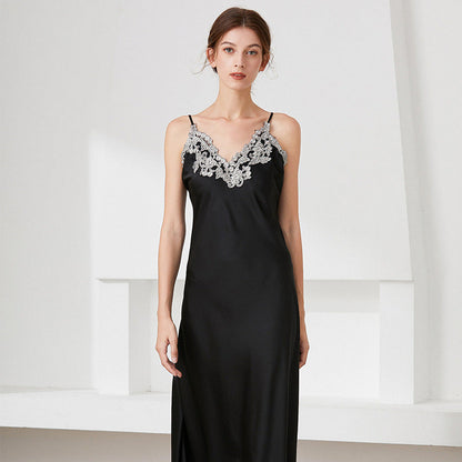 Imitated Silk Lace Sexy V-neck Long Slip Nightdress Pajamas Homewear