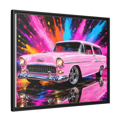 Pink Classic Station Wagon Canvas Print — Retro Car Wall Art, Framed Matte Multi‑Color Splash