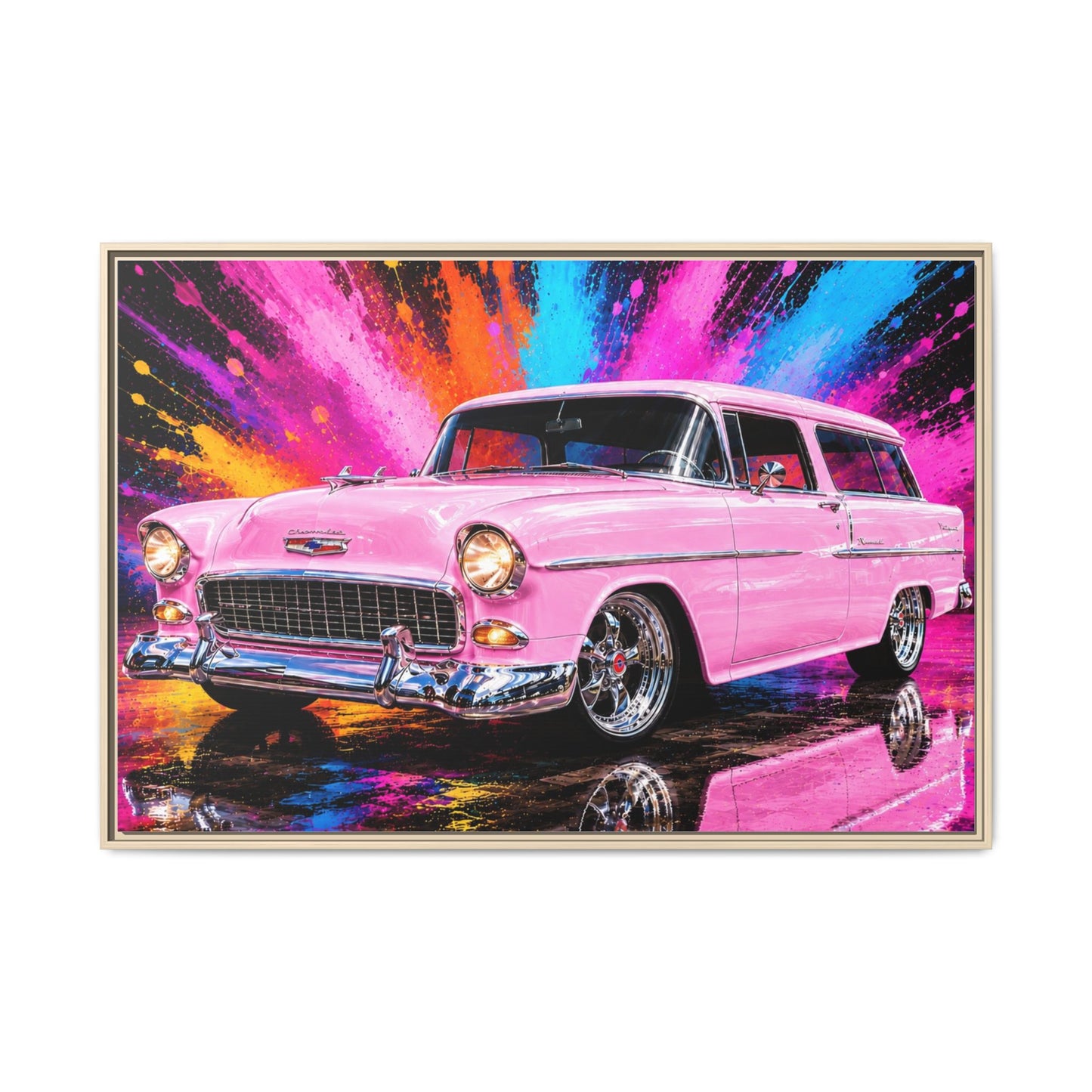 Pink Classic Station Wagon Canvas Print — Retro Car Wall Art, Framed Matte Multi‑Color Splash