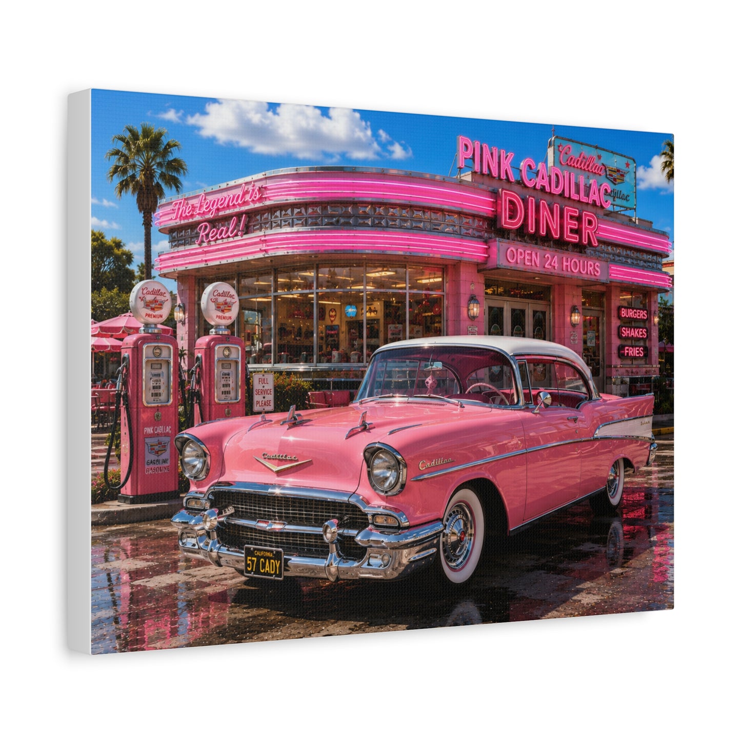 Pink Cadillac Diner Canvas Wall Art — Retro 1950s Car Poster