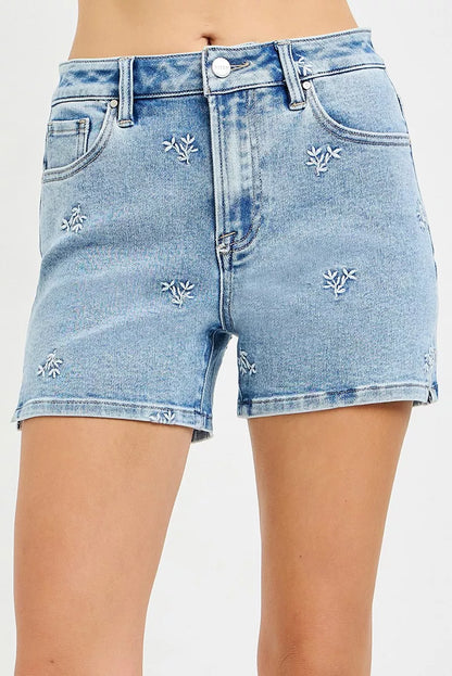 RISEN High Rise Denim Shorts with Embroidered Detail