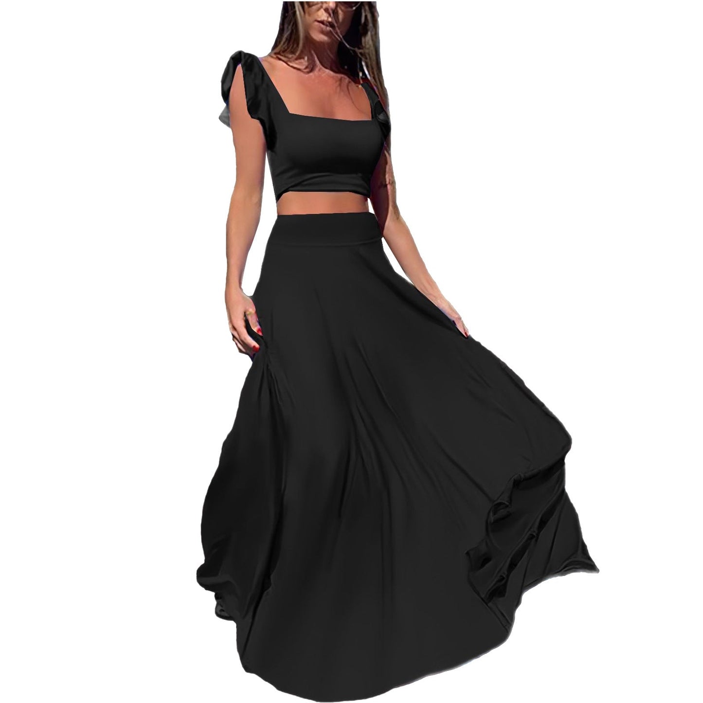 Solid color long skirt two-piece set