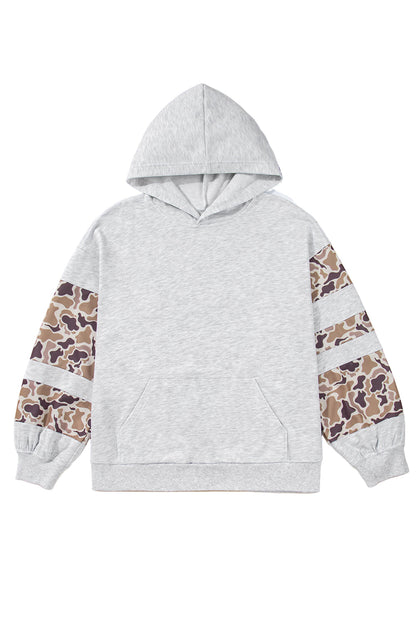 Light Grey Camouflage Patchwork Asymmetric Sleeve Plus Size Hoodie