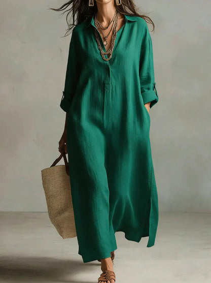 Women's Casual Long-Sleeve Linen Shirt Dress – Relaxed Fit